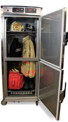Open Cres Guard cabinet shows fire gear inside ready for decontamination
